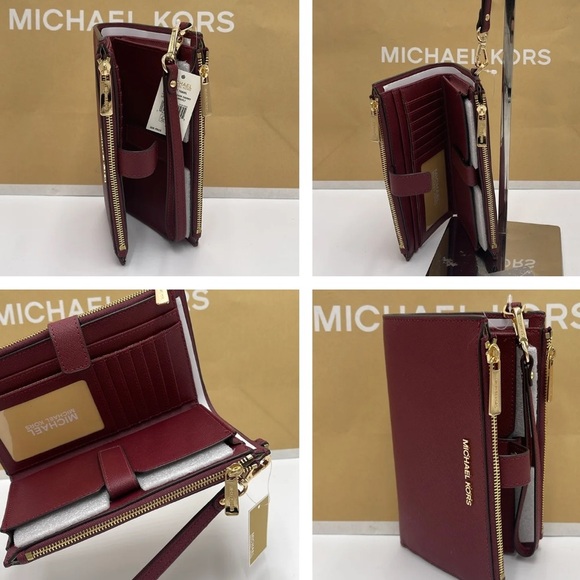 MICHAEL KORS LG DOUBLE ZIP WRISTLET MERLOT DARK CHERRY MULBERRY PHONE HOLDER NWT - Picture 15 of 16
